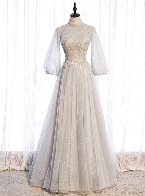 gray tulle long sleeve sequins beading
